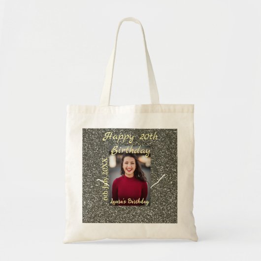 Silverglitter foto 20e verjaardag naam toevoegen d tote bag (Voorkant)