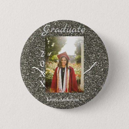 Silverglitter foto afstuderen naam klasse tekst to ronde button 5,7 cm (Voorkant)