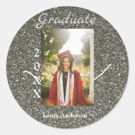 Silverglitter foto afstuderen naam klasse tekst to ronde sticker