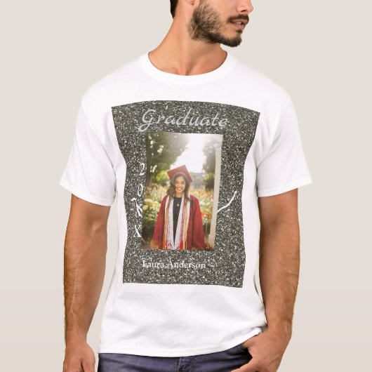 Silverglitter foto afstuderen naam klasse tekst to t-shirt (Voorkant)
