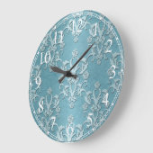 Silvery Blauwgroen Floral Damask Design Grote Klok (Hoek)