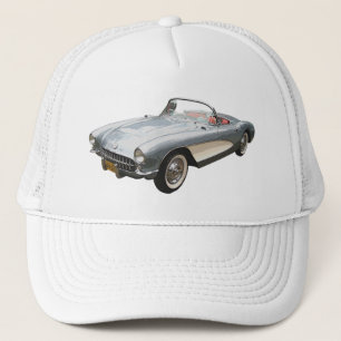 Silvery blue Corvette 1959 op wit pet. Trucker Pet