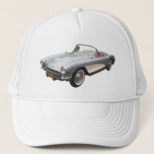 Silvery blue Corvette 1959 op wit pet. Trucker Pet (Voorkant)