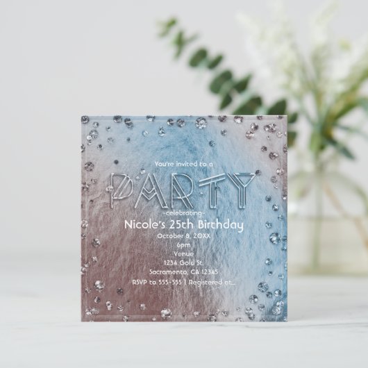 Silvery Blue Faux Folie Bling Birthday Party Kaart (Staand voorkant)
