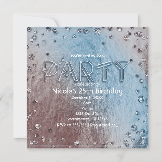 Silvery Blue Faux Folie Bling Birthday Party Kaart (Voorkant)