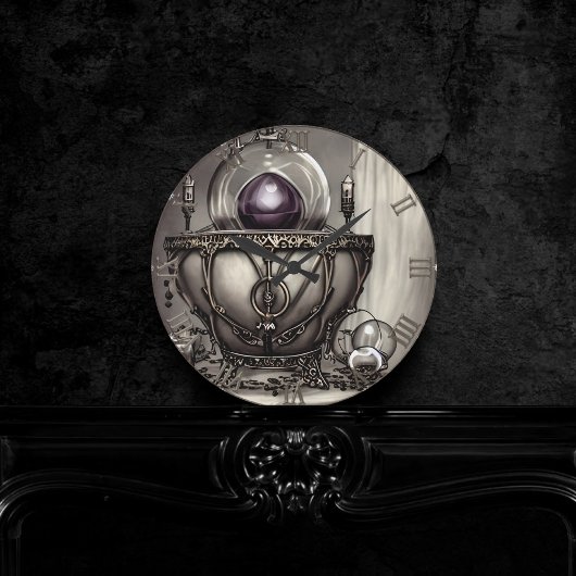 Silvery Cauldron met Paarse Crystal Ball Ronde Klok