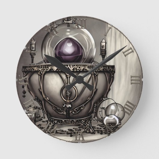 Silvery Cauldron met Paarse Crystal Ball Ronde Klok (Voorkant)