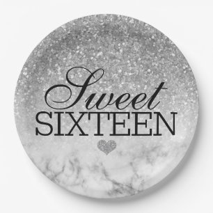 Silvery Faux Glitter/Marble Sweet 16 Papieren Bordje
