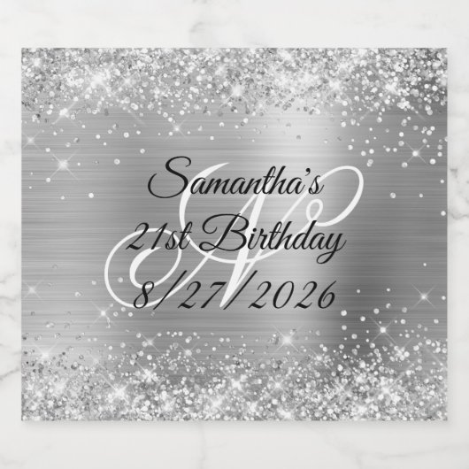Silvery Glitter Glam Monogram 21st Birthday Sparkling Wijnetiket (Enkel label)