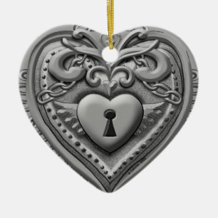 Silvery Heart Lock Keramisch Ornament