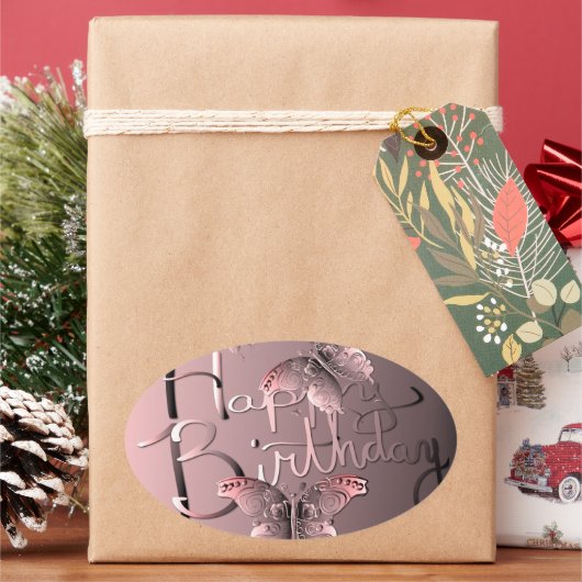 Silvery Pink Butterfly "Happy Birthday!" Cl. Ovale Sticker (Feestdagen)