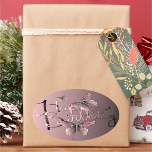 Silvery Pink Butterfly "Happy Birthday!" Cl. Ovale Sticker