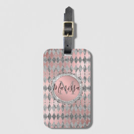 Silvery Pink Glittery Harlequin Monogram Bagagelabel