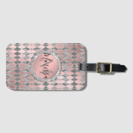 Silvery Pink Glittery Harlequin Monogram Bagagelabel