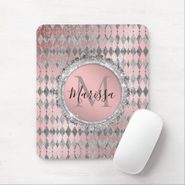 Silvery Pink Glittery Harlequin Monogram Muismat