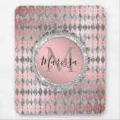 Silvery Pink Glittery Harlequin Monogram Muismat (Voorkant)