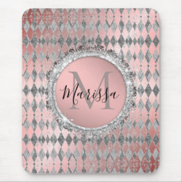 Silvery Pink Glittery Harlequin Monogram Muismat
