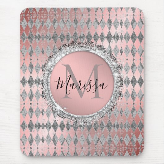 Silvery Pink Glittery Harlequin Monogram Muismat (Voorkant)