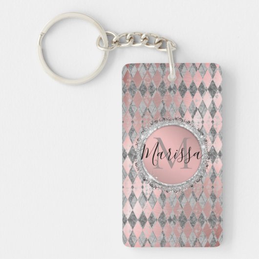 Silvery Pink Glittery Harlequin Monogram Sleutelhanger (Voorkant)