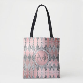 Silvery Pink Glittery Harlequin Monogram Tote Bag