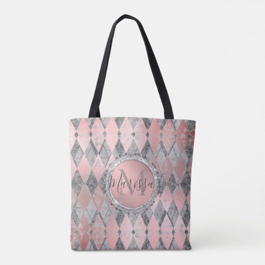 Silvery Pink Glittery Harlequin Monogram Tote Bag (Achterkant)