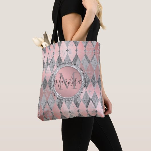 Silvery Pink Glittery Harlequin Monogram Tote Bag (Dichtbij)