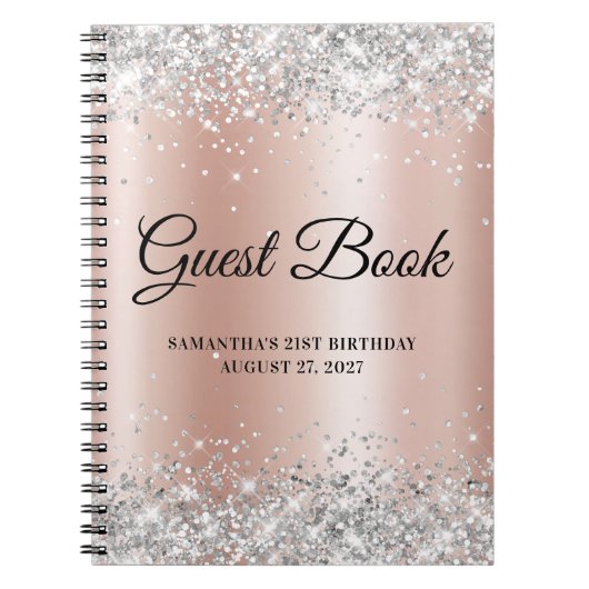 Silvery Roos Gold Shimmer 21st Birthday Guestbook Notitieboek (Voorkant)