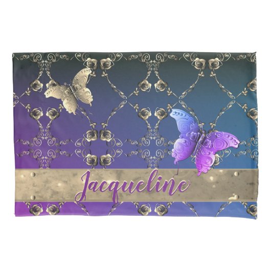 Silvery Rozen Paarse gradiënt w/naam Kussensloop (Voorkant-Links)