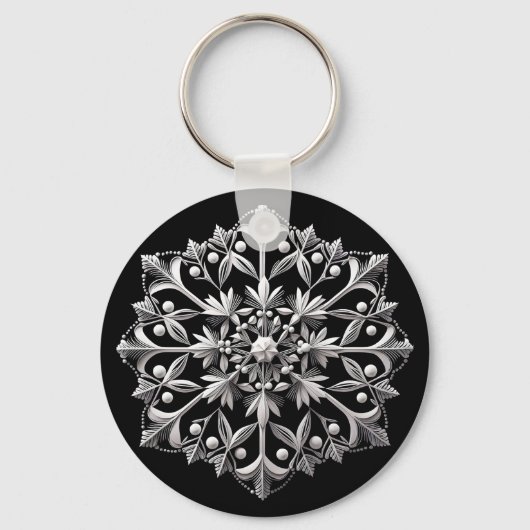 Silvery Snowflake on Black Sleutelhanger (Voorkant)