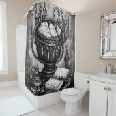 Silvery Steampunk Cauldron Spellbooks and Potions Douchegordijn (In situ)