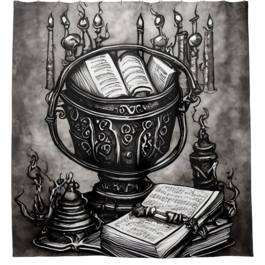 Silvery Steampunk Cauldron Spellbooks and Potions Douchegordijn (Voorkant)