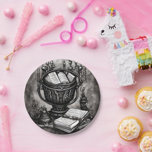 Silvery Steampunk Cauldron Spellbooks and Potions Papieren Bordje (Feest)