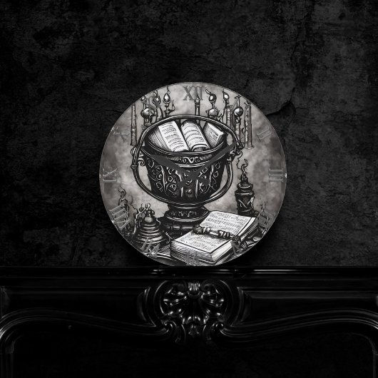 Silvery Steampunk Cauldron Spellbooks and Potions Ronde Klok