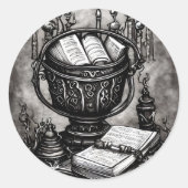 Silvery Steampunk Cauldron Spellbooks and Potions Ronde Sticker (Voorkant)