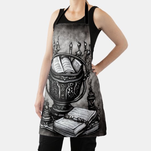 Silvery Steampunk Cauldron Spellbooks and Potions Schort (Insitu)