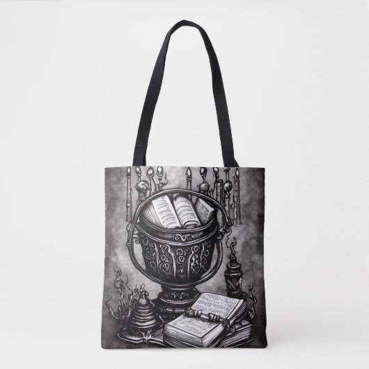 Silvery Steampunk Cauldron Spellbooks and Potions Tote Bag (Voorkant)