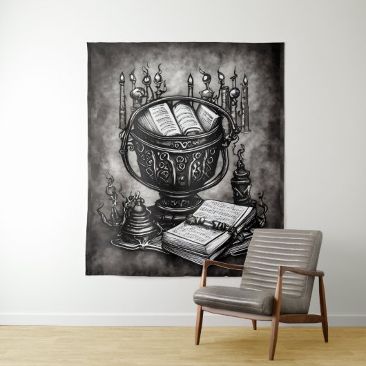 Silvery Steampunk Cauldron Spellbooks and Potions Wandkleed (In situ)