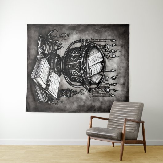 Silvery Steampunk Cauldron Spellbooks and Potions Wandkleed (In Situ (horizontaal))