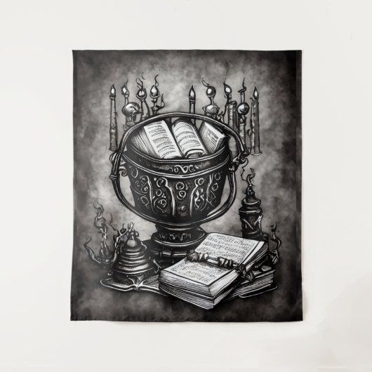 Silvery Steampunk Cauldron Spellbooks and Potions Wandkleed (Voorkant)