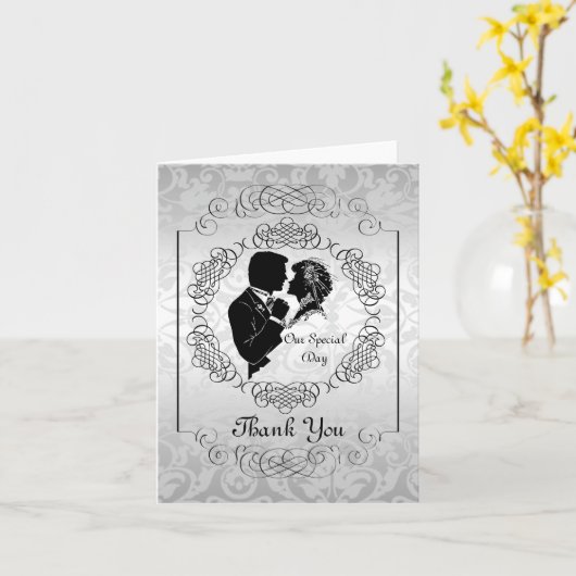 Silvery White Bride & Groom Silhouette Note Kaart (Gele Bloem)