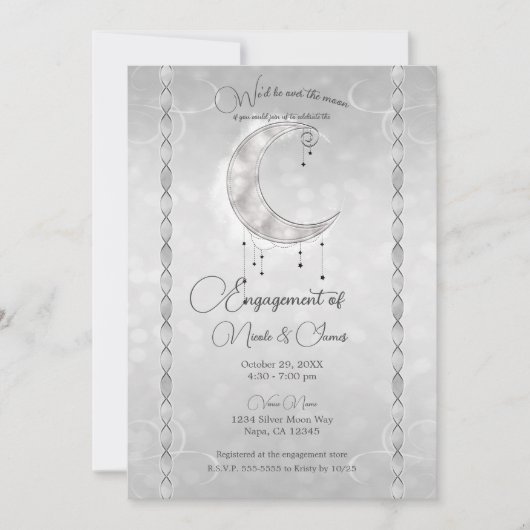 Silvery White Crescent Moon Stars Engagement Party Kaart (Voorkant)
