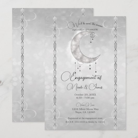 Silvery White Crescent Moon Stars Engagement Party Kaart (Voorkant / Achterkant)