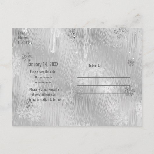 Silvery White Ice Snowflakes Winter Wonderland Aankondigingskaart (Achterkant)