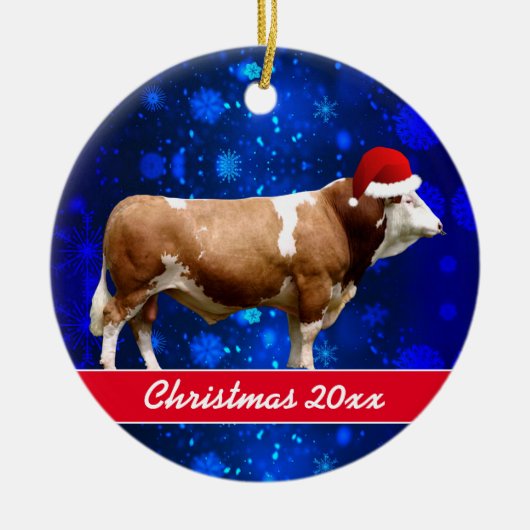 Simmental Bull and Santa Hat Ceramic Ornament (Voorkant)
