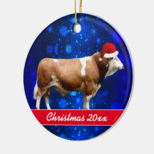 Simmental Bull and Santa Hat Ceramic Ornament (Links)