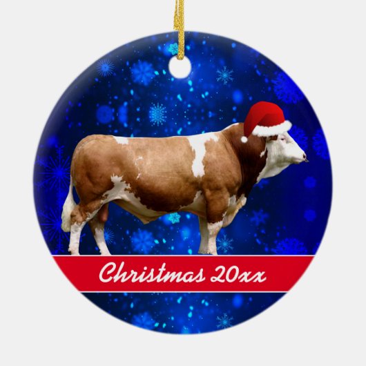 Simmental Bull and Santa Hat Ceramic Ornament (Achterkant)