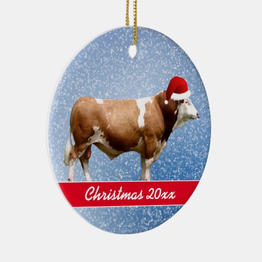 Simmental Bull and Santa Hat Ceramic Ornament (Rechts)