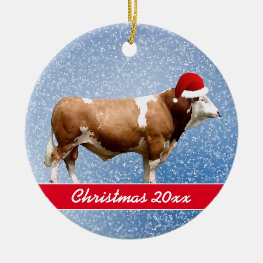 Simmental Bull and Santa Hat Ceramic Ornament (Voorkant)