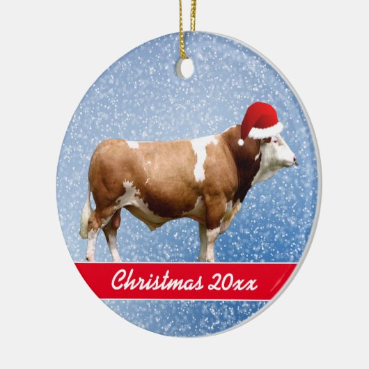 Simmental Bull and Santa Hat Ceramic Ornament (Links)