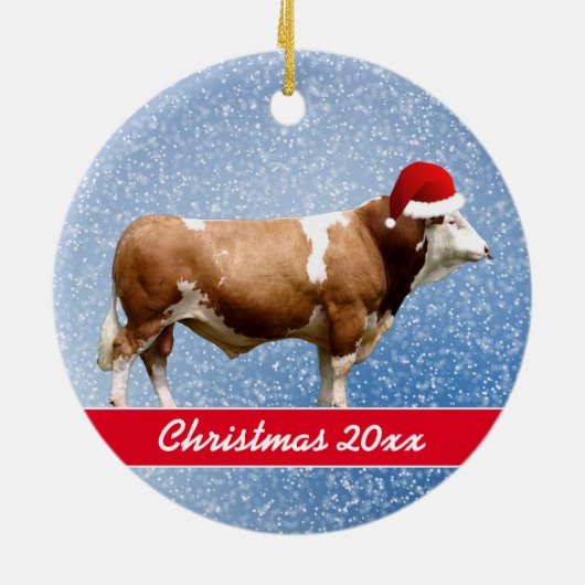 Simmental Bull and Santa Hat Ceramic Ornament (Achterkant)